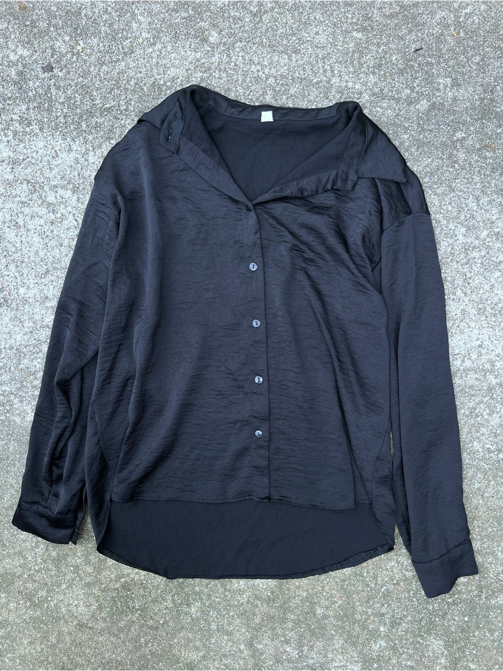 Black Button Down Shirt Long Sleeve Collared Blouse Satin Layering Top Size L